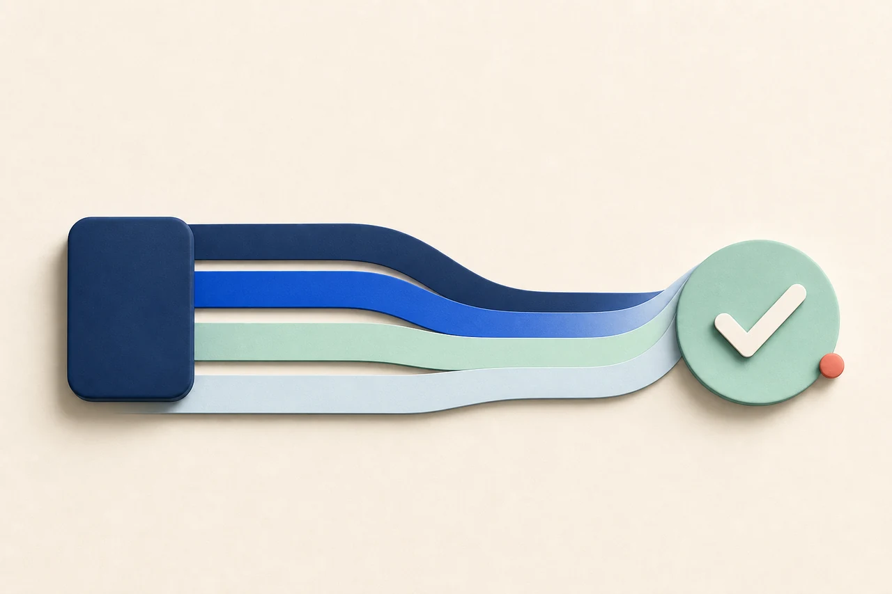 Abstract illustration of parallel delivery paths converging into one successful result