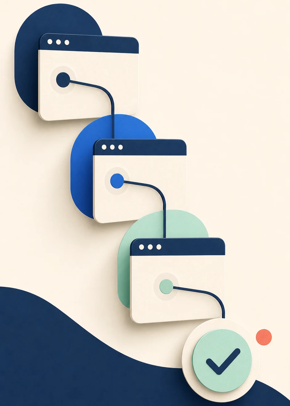 Abstract illustration of connected browser journeys ending in a successful quality check
